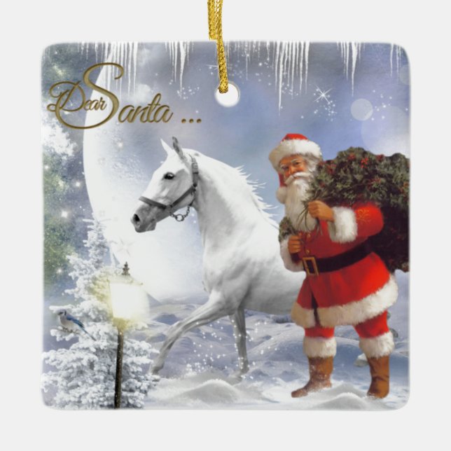 Ornamento De Cerâmica Papai Noel com Cavalo Branco (Frente)