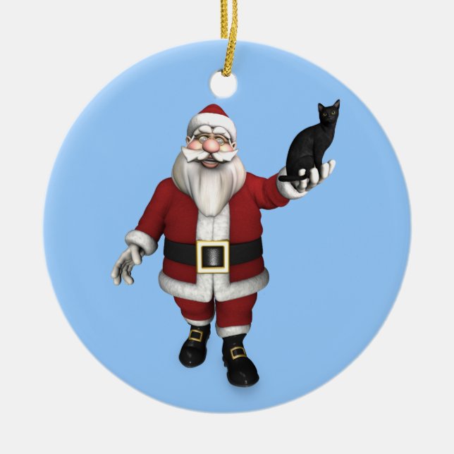 Ornamento De Cerâmica Papai Noel com gato preto (Frente)