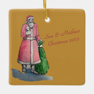 Ornamento De Cerâmica Papai Noel com um Saco de Presentes