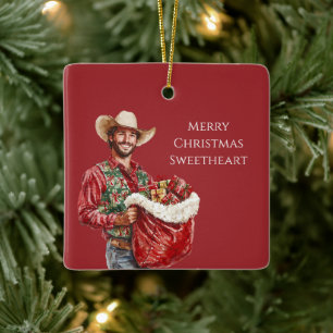 Ornamento De Cerâmica Papai Noel de Chapéu de Cowboy Western Natal