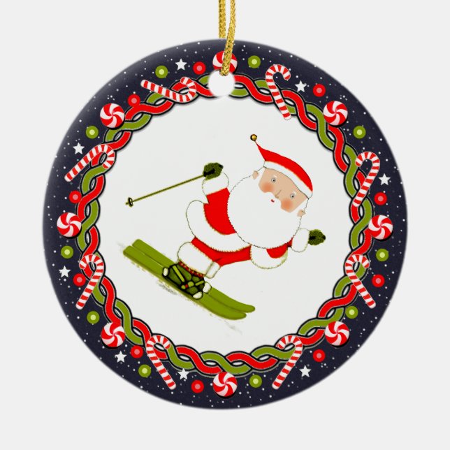 Ornamento De Cerâmica Papai Noel de Esqui na Neve (Frente)