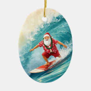 Ornamento De Cerâmica Papai Noel de Natal Surfista Surfando na Grande On