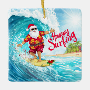 Ornamento De Cerâmica Papai Noel de Natal Surfista Surfando na Grande On
