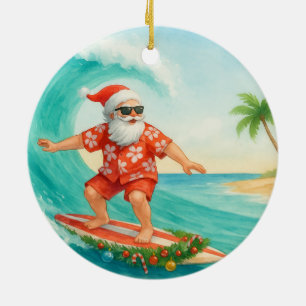 Ornamento De Cerâmica Papai Noel de Natal Surfista Surfando na Grande On