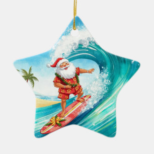 Ornamento De Cerâmica Papai Noel de Natal Surfista Surfando na Grande On