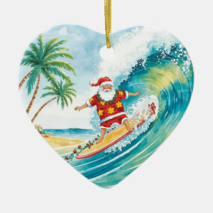 Ornamento De Cerâmica Papai Noel de Natal Surfista Surfando na Grande On