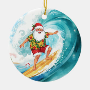 Ornamento De Cerâmica Papai Noel de Natal Surfista Surfando na Grande On