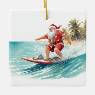 Ornamento De Cerâmica Papai Noel de Natal Surfista Surfando na Grande On