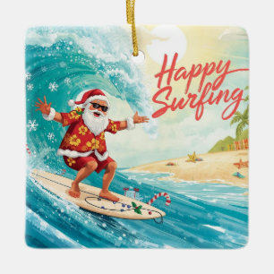 Ornamento De Cerâmica Papai Noel de Natal Surfista Surfando na Grande On