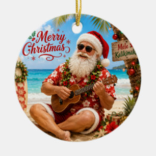 Ornamento De Cerâmica Papai Noel de Natal tocando ukulele
