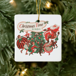 Ornamento De Cerâmica Papai Noel de Natal Vintage e Crianças Dançando