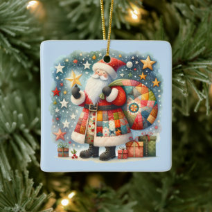 Ornamento De Cerâmica Papai Noel de Patchwork Acolchoado com Estrelas de