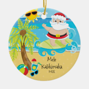 Ornamento De Cerâmica Papai Noel de Surfe na Palmeira Natal Havaiano