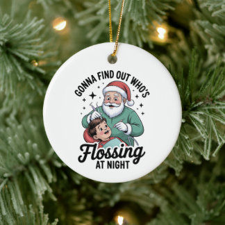 Ornamento De Cerâmica Papai Noel Dentista Passando Fio Dental à Noite Na