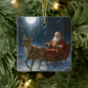 Ornamento De Cerâmica Papai Noel Dirigindo Luz à Lua