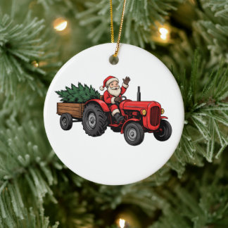 Ornamento De Cerâmica Papai Noel Dirigindo Trator Fazenda de Árvore de N