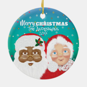 Ornamento De Cerâmica Papai Noel e a Sra. Claus Biracial Natal