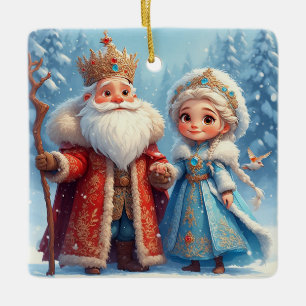 Ornamento De Cerâmica Papai Noel e Donzela de Neve Celebrando o Natal