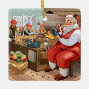 Ornamento De Cerâmica Papai noel e duendes que fazem o Natal dos