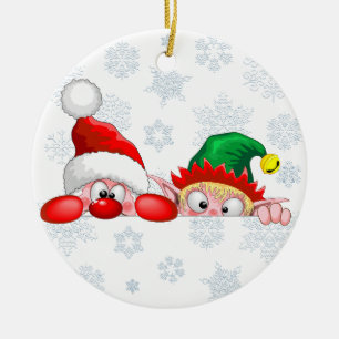 Ornamento De Cerâmica Papai Noel e Elfo Cartoon de Natal fofo e engraçad