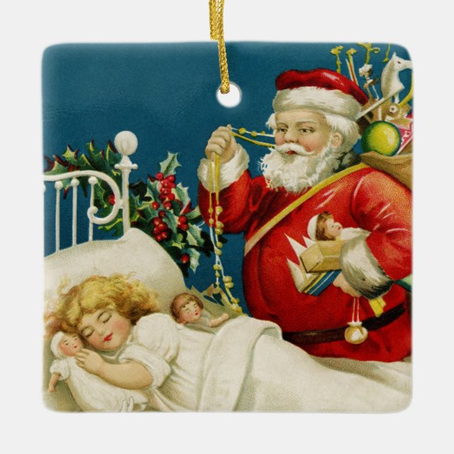Ornamento De Cerâmica Papai noel e Natal pequeno da menina do sono (Frente)