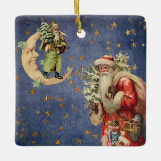 Ornamento De Cerâmica Papai noel em uma lua crescente (Frente)