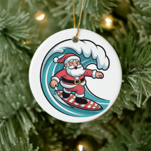 Ornamento De Cerâmica Papai Noel engraçado de Natal Prancha de Surfe Sur