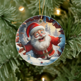 Ornamento De Cerâmica Papai Noel feliz aproveitando o inverno.