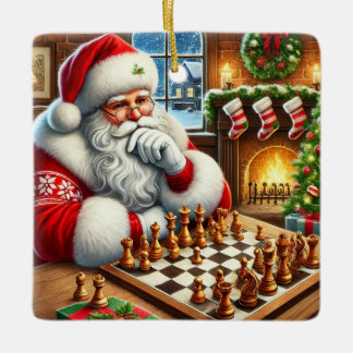 Ornamento De Cerâmica Papai Noel fofo personalizado jogando xadrez