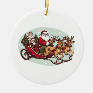 Ornamento De Cerâmica Papai Noel Fofo Viajando de Trem Puxado pela Rédea