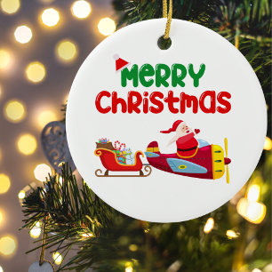 Ornamento De Cerâmica Papai Noel Fofo Voando de Avião e Trenó, Natal