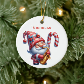 Ornamento De Cerâmica Papai Noel Gnome Fofo Personalizado Tocando Saxofo