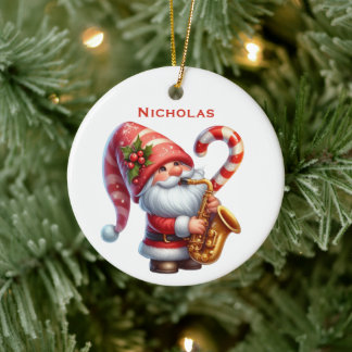 Ornamento De Cerâmica Papai Noel Gnome Fofo Personalizado Tocando Saxofo