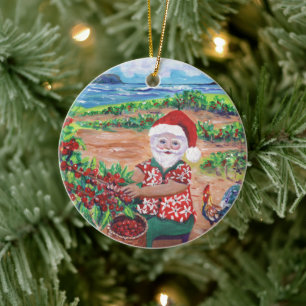 Ornamento De Cerâmica Papai Noel havaiano e café Mele Kalikimaka