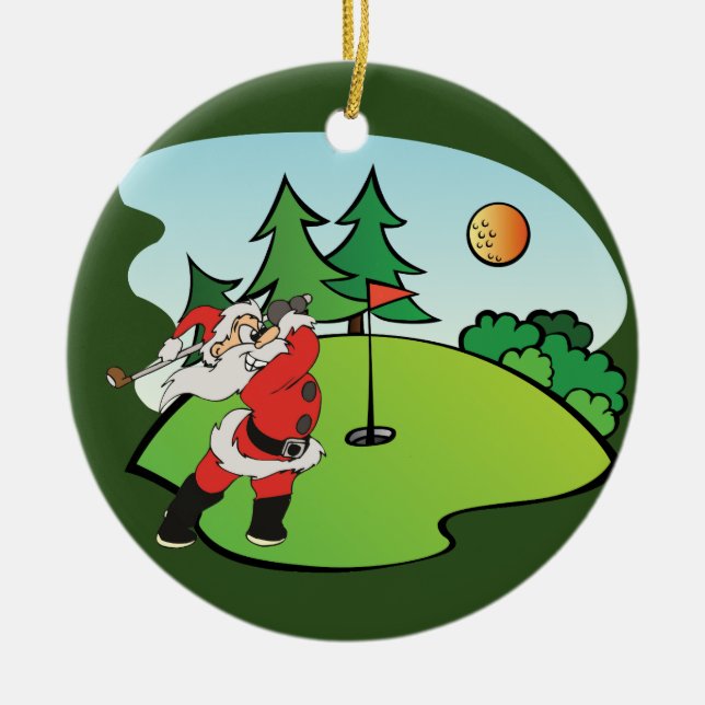 Ornamento De Cerâmica Papai Noel jogando golfe no 9º buraco (Frente)