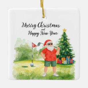 Ornamento De Cerâmica Papai Noel jogando golfe no green