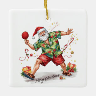 Ornamento De Cerâmica Papai Noel jogando ping pong com uma camisa havaia