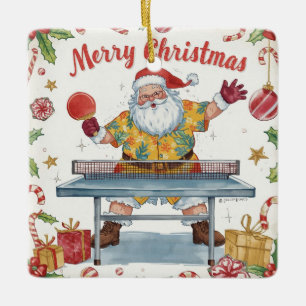 Ornamento De Cerâmica Papai Noel jogando ping pong com uma camisa havaia