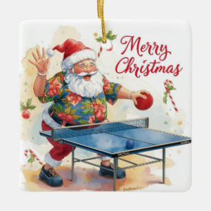 Ornamento De Cerâmica Papai Noel jogando ping pong com uma camisa havaia