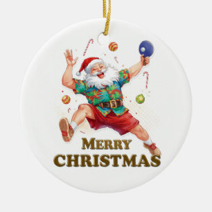 Ornamento De Cerâmica Papai Noel jogando ping pong com uma camisa havaia