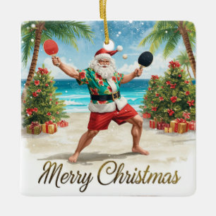 Ornamento De Cerâmica Papai Noel jogando ping pong com uma camisa havaia