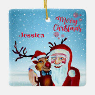 Ornamento De Cerâmica Papai Noel Mágico Aquarela Sorriso Rudolph