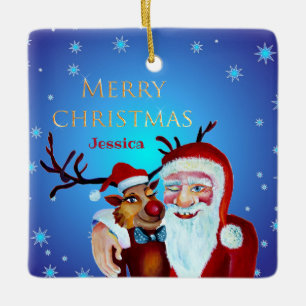 Ornamento De Cerâmica Papai Noel Mágico Aquarela Sorriso Rudolph