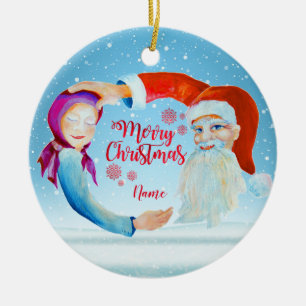 Ornamento De Cerâmica Papai Noel Mágico em Aquarela Pintado à Mão