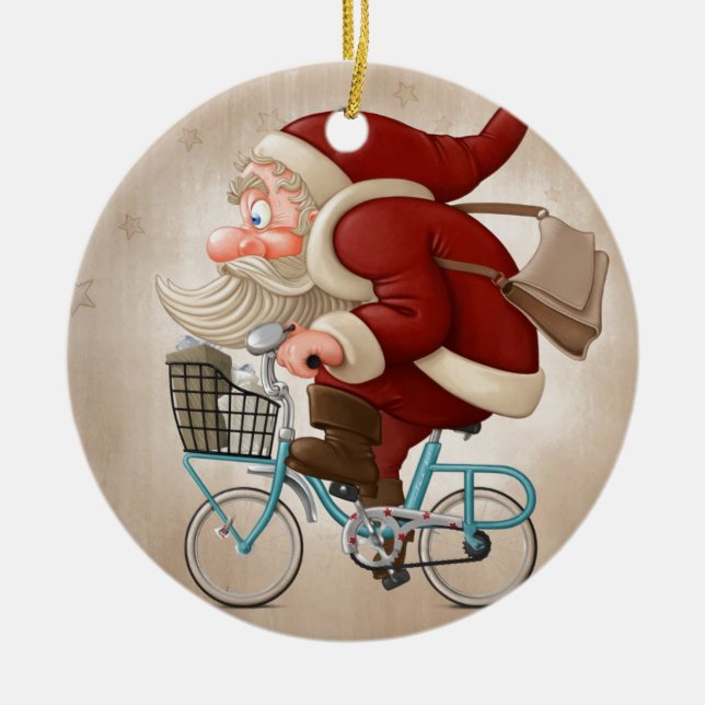 Ornamento De Cerâmica Papai Noel monta a bicicleta (Frente)