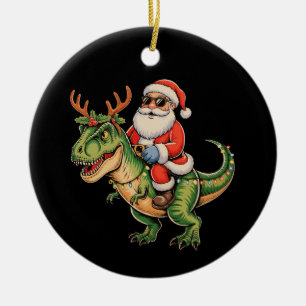 Ornamento De Cerâmica Papai Noel Montado em Dinossauro T Rex Natal Retrô