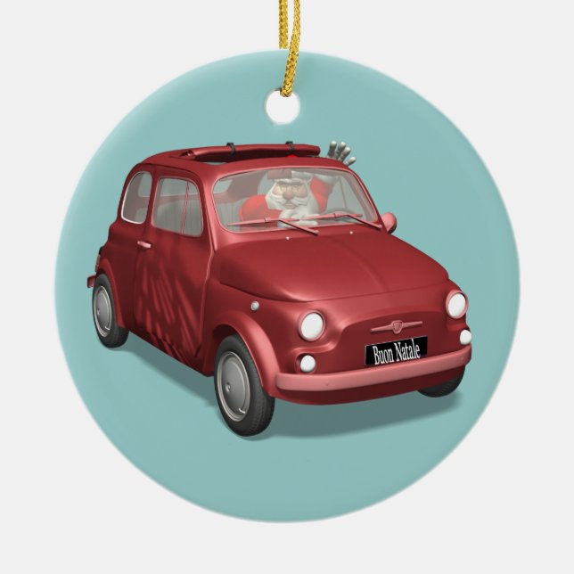 Ornamento De Cerâmica Papai Noel Na Fiat 500 (Frente)