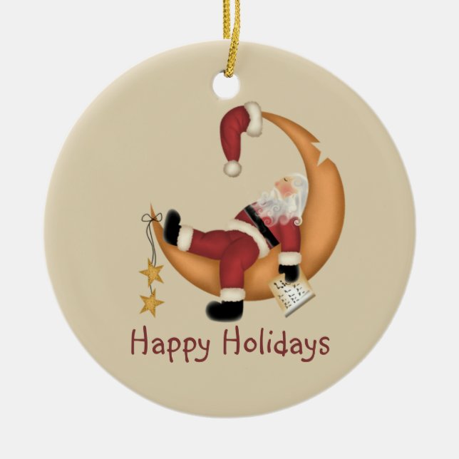 Ornamento De Cerâmica Papai noel na lua (Frente)