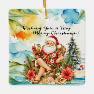 Ornamento De Cerâmica Papai Noel na praia do Havaí para o Natal