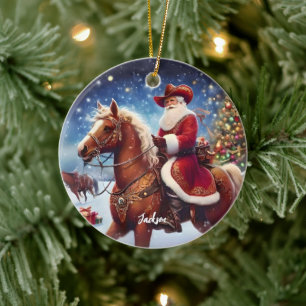 Ornamento De Cerâmica Papai Noel Ocidental Cavalgando um Cavalo Natal